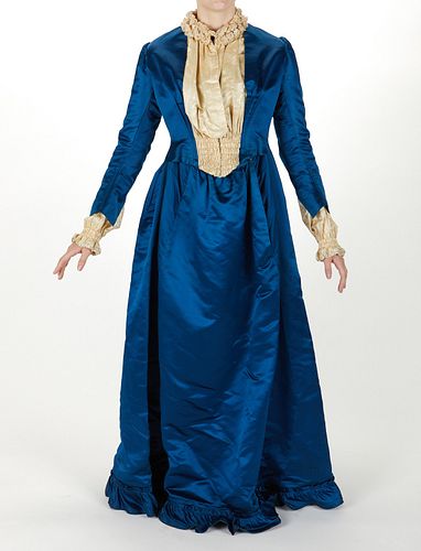 Late 19th c. Royal Blue Satin Silk Polonaise Style Dress