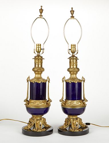 Pr: Cobalt and Bronze Ormolu Lamps