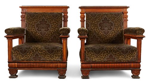 Pair Upholstered Carved Wood Armchairs