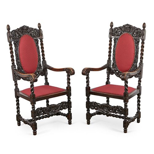 Pair of English Carolean Revival Armchairs