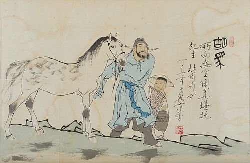 20th c. Chinese Painting Figures w/ Horse