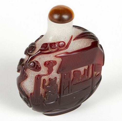 Peking Glass Snuff Bottle with Carved Red Overlay