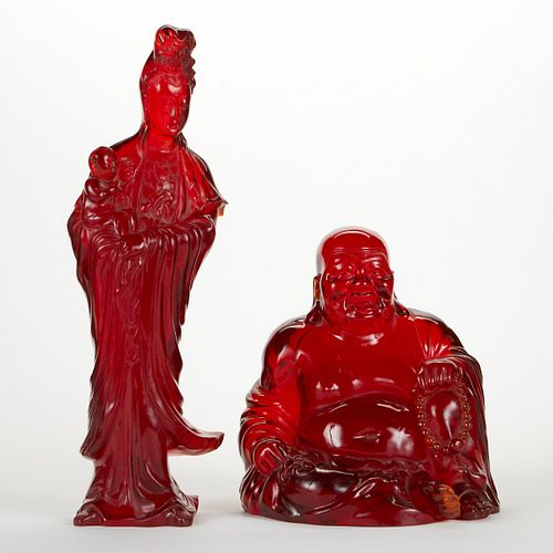 Pr. Faux Amber Composite Guanyin & Buddha Figure - Damaged