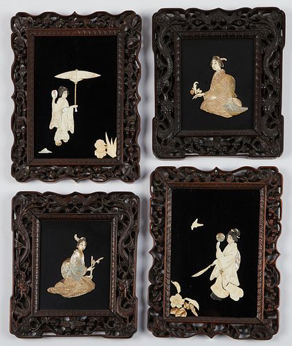 Set 4 Japanese Framed Panels Bone & Mother of Pearl