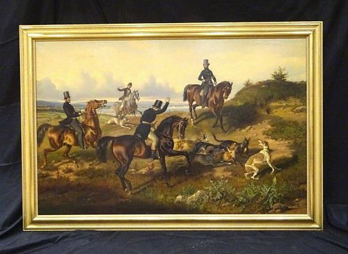Huge 19th Century Hounds & Horses Fox Hunt Landscape
