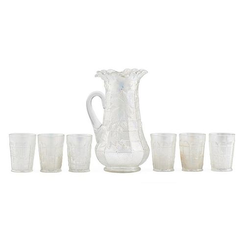 FENTON WHITE CARNIVAL GLASS PITCHER AND TUMBLERS