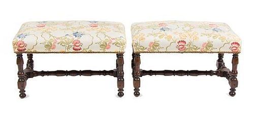 A Pair of William and Mary Style Walnut Benches Height 29 x width 17 x depth 16 inches.