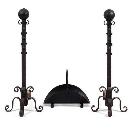 A Pair of Iron Andirons and Tool Stand Height 45 inches.