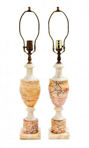 A Pair of Alabaster Table Lamps Height 27 1/2 inches.