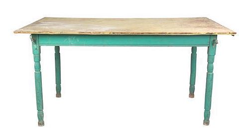 A Painted Pine Work Table Height 29 7/8 inches x width 60 inches x depth 40 1/2 inches.