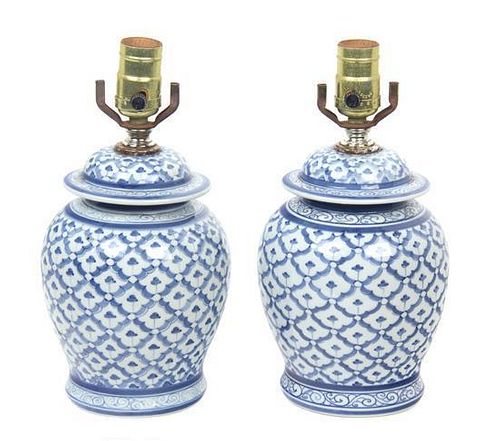 A Pair of Blue and White Ceramic Table Lamps Height overall 11 inches (each).