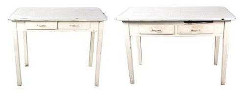 Two White Painted Metal Clad Kitchen Tables Height of larger 31 1/2 inches x width 48 inches x depth 27 inches.