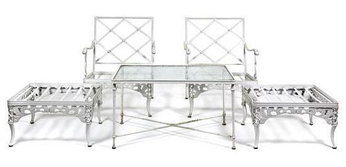A Suite of White Painted Aluminum Garden Furniture Height of chair 33 x width 25 x depth 27 inches.
