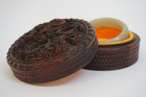 Carved Jade Bangle In Rosewood Box