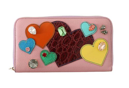 DOLCE & GABBANA PINK LEATHER HEART CRYSTAL CONTINENTAL