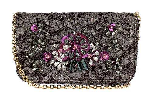 DOLCE & GABBANA GRAY FLORAL LACE CRYSTAL CLUTCH BAG