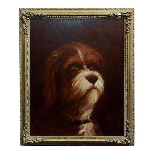 19th Century Portrait of a Fluffy Dog - Oil Painting