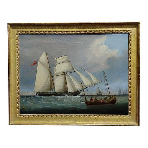 1840s "Royal Navy Sail Ship Approaching Portsmouth" Oil