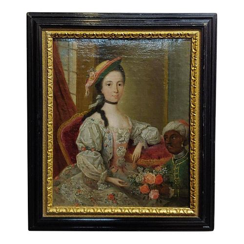 18th Century "Aristocratic Lady & Her Black Slave" Oil