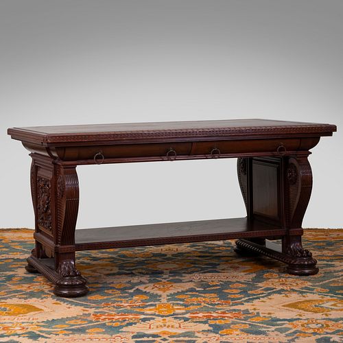 Renaissance Revival Mahogany and Leather Library Table, by George A. Schastey & Co., NY