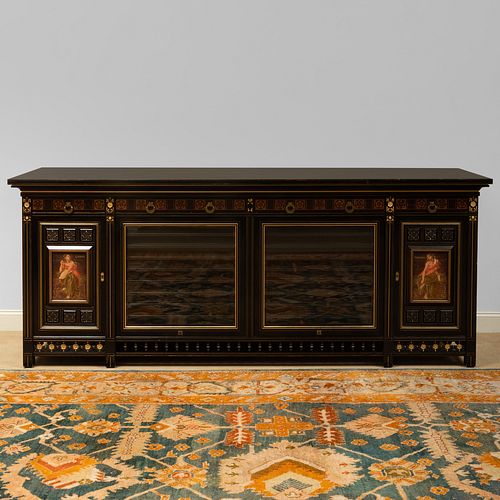 Fine Aesthetic Movement Ebonized and Various Woods Marquetry and Parcel-Gilt Portfolio Cabinet with Painted Panels of Muses Calliope and Terpsichore, 