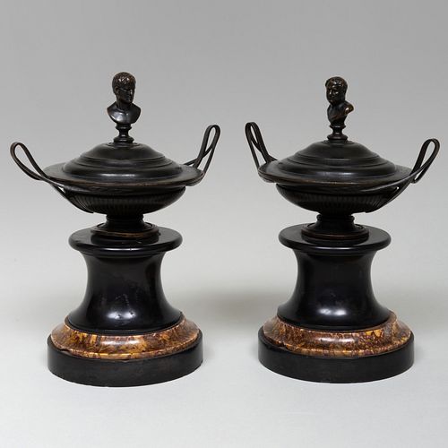 Pair of Italian Grand Tour Bronze Covered Urns on Marble Socles