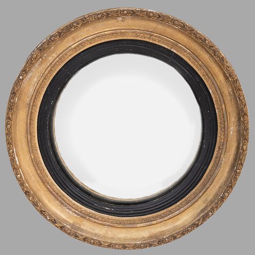 Small Late Regency Giltwood and Ebonized Convex Mirror