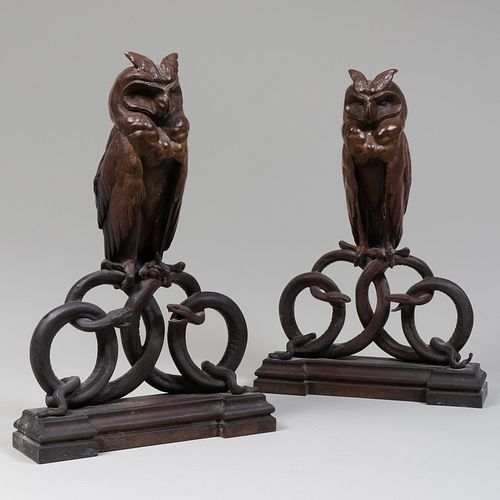 Carl Kauba (1865-1922): Pair of Owl and Snake-Form Andirons