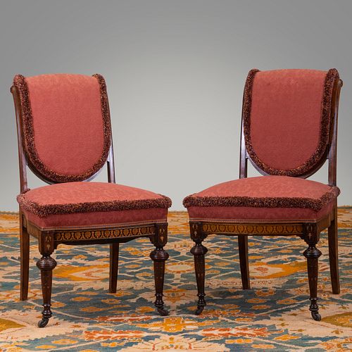 Pair of Renaissance Revival Rosewood and Various Woods Marquetry and Parcel-Gilt Side Chairs, Attributed to Herter Brothers