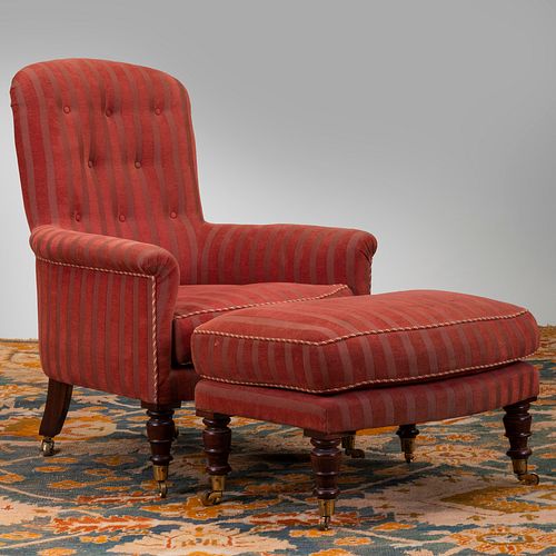Victorian Style Mahogany and Upholstered Club Chair and Ottoman