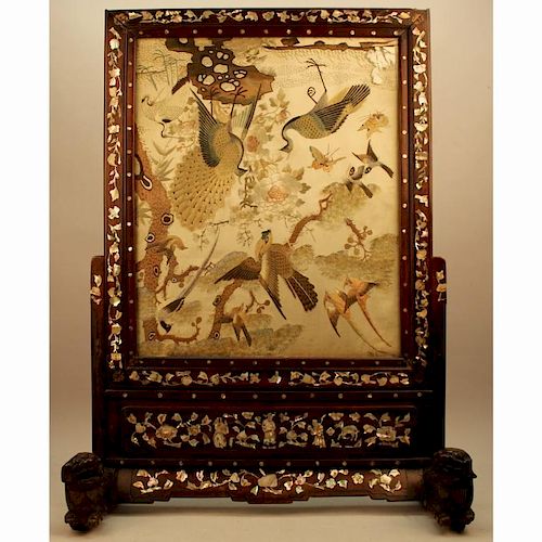 Antique Chinese Rosewood TableScreen w/ Silk Panel