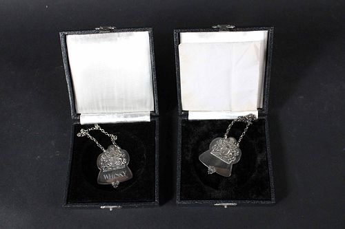 Two English Sterling Silver Bottle Labels