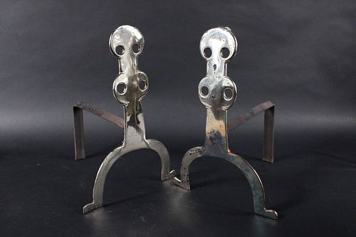 Set of Arts and Crafts Chrome and Iron Andirons