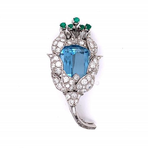 Platinum Aquamarine, Emerald, and Diamond Brooch