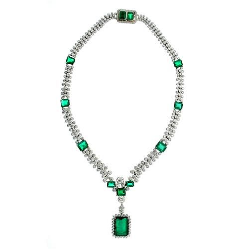 46.00 Ct. Colombian Emerald Diamond Deco Necklace