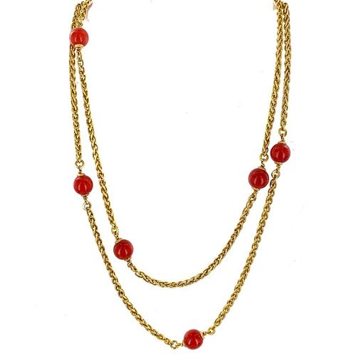 Italian Red Coral Bead 18k Gold Necklace