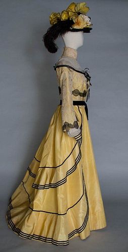 YELLOW SILK PROMENADE DRESS & HAT, c. 1900