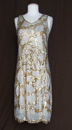 SILVER BEAD & GOLD SEQUIN EVENING DRESS, c. 1925