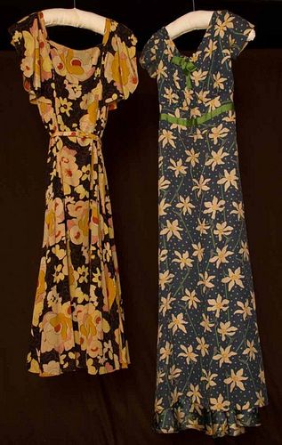 TWO ELIZABETH HAWES PRINTED SILK DRESSES, 1933