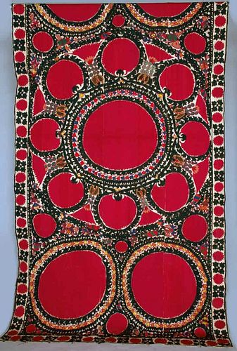 RED & BLACK EMBROIDERED SUZANI, UZBEKISTAN, 19TH C