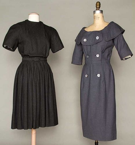 TWO DESIGNERS' WOOL DAY DRESSES, 1955