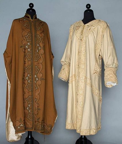 TWO EMBROIDERED WOOL EVENING WRAPS, 1900-1908