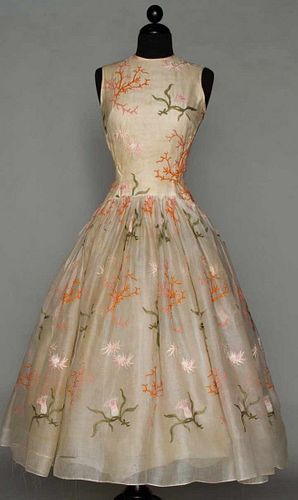 NORELL EMBROIDERED WHITE PARTY DRESS, c. 1954