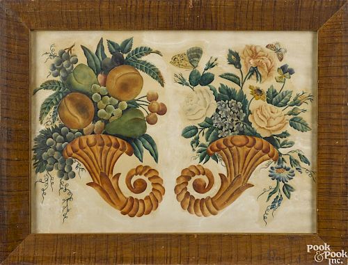 New England watercolor theorem of two cornucopias, 19th c., retaining a period painted frame