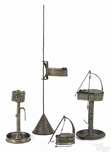 Tin fat lamp with a stand, 19th c., 11 1/4'' h., together with an adjustable Betty lamp