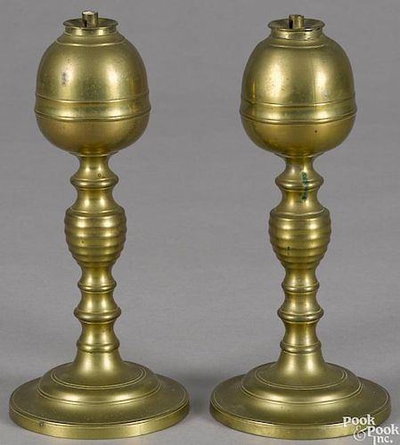 Pair of brass fluid lamps, early 19th c., 8'' h.
