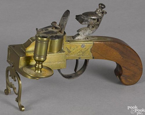 English brass pistol tinder lighter, 19th c., signed Twigg, 6 3/4'' l.