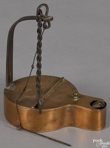 Oversize copper and iron fat lamp, 19th c., 6'' h.