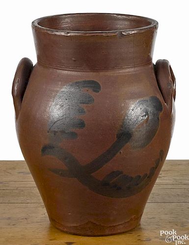Redware crock, 19th c., probably Shenandoah Valley, with manganese floral decoration, 10 1/4'' h.