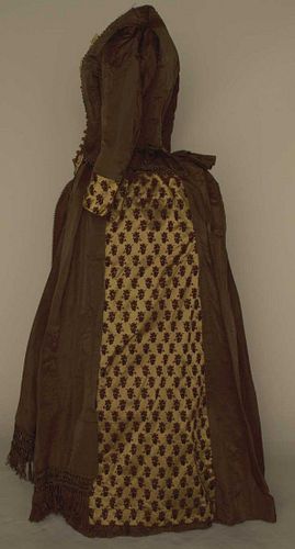 BROWN SILK BUSTLE DRESS, 1880s